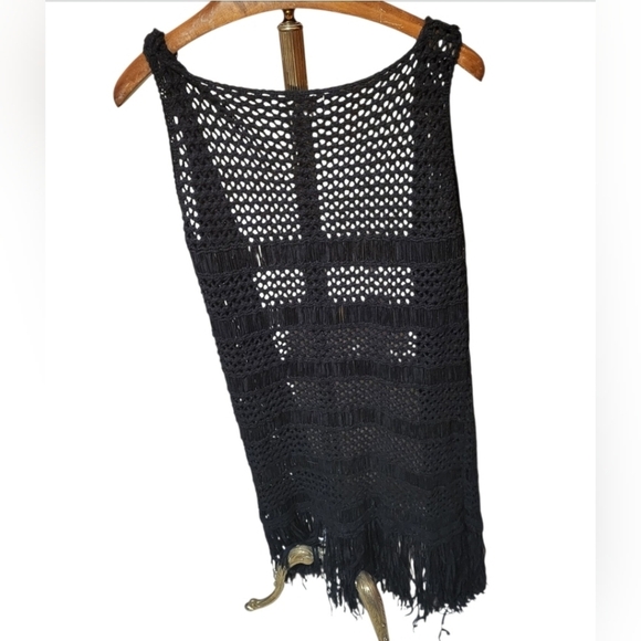 Umgee Crochet Knit Black Long Sweater Vest With Fringe Size Large Festival Boho - Picture 2 of 6